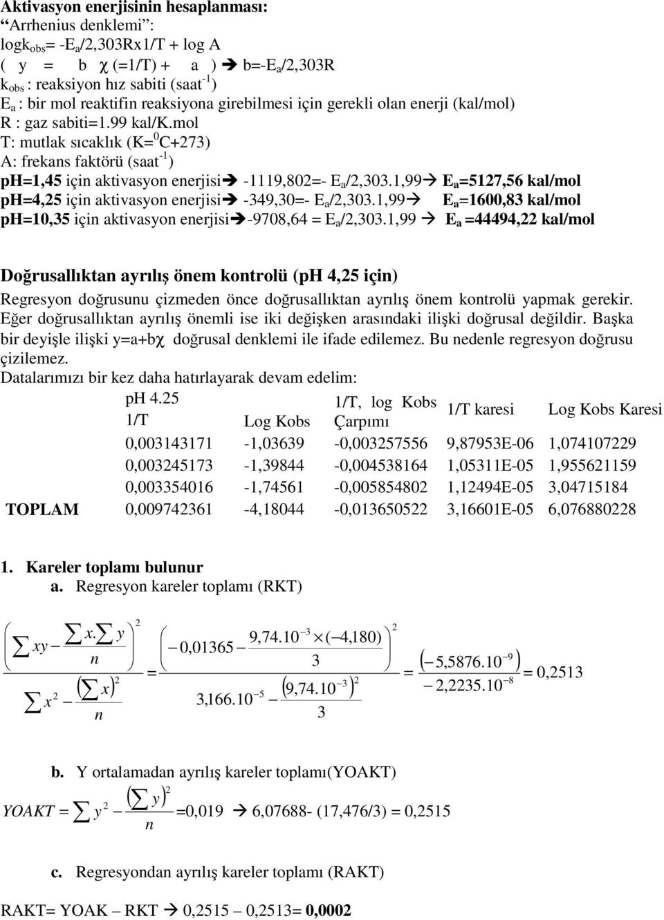 mol T: mutlak sıcaklık (K= 0 C+73) A: frekans faktörü (saat -1 ) ph=1,45 için aktivasyon enerjisi -1119,80=- E a /,303.1,99 E a =517,56 kal/mol ph=4,5 için aktivasyon enerjisi -349,30=- E a /,303.