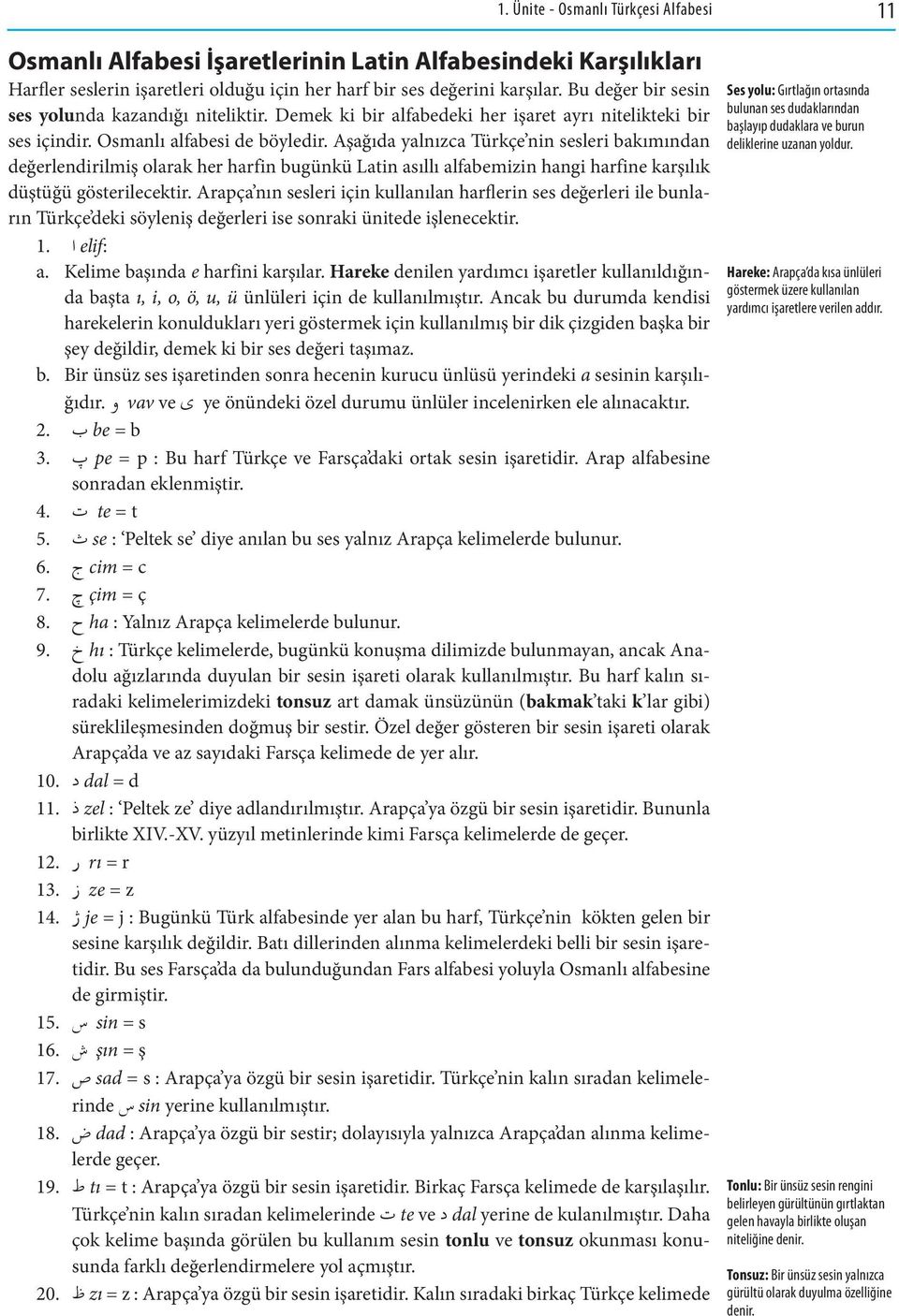 Aşağıda yalnızca Türkçe nin sesleri bakımından değerlendirilmiş olarak her harfin bugünkü Latin asıllı alfabemizin hangi harfine karşılık düştüğü gösterilecektir.