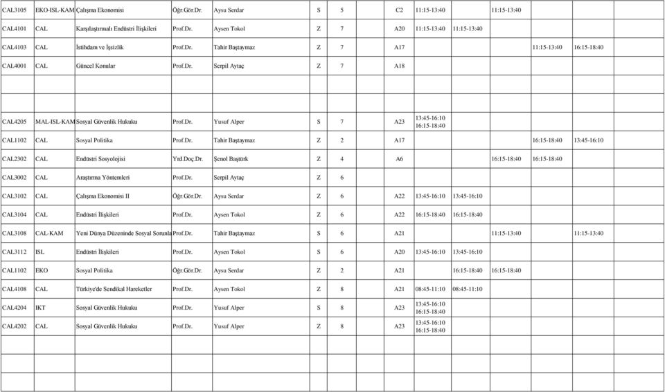 Dr. Tahir Baştaymaz Z 2 A17 16:15-18:40 13:45-16:10 CAL2302 CAL Endüstri Sosyolojisi Yrd.Doç.Dr. Şenol Baştürk Z 4 A6 16:15-18:40 16:15-18:40 CAL3002 CAL Araştırma Yöntemleri Prof.Dr. Serpil Aytaç Z 6 CAL3102 CAL Çalışma Ekonomisi II Öğr.
