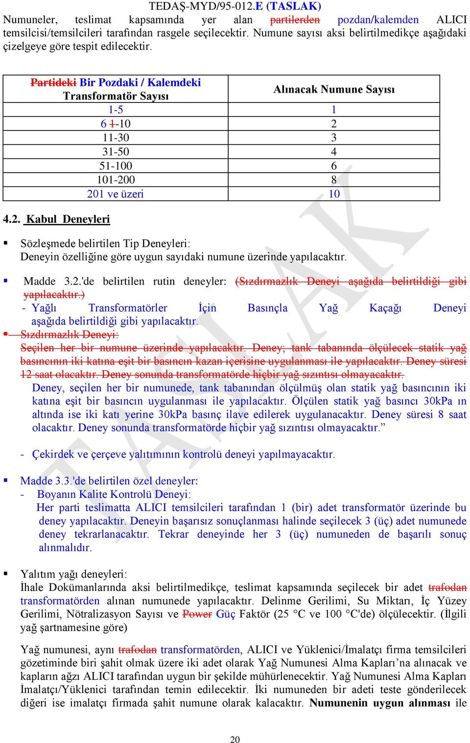 Partideki Bir Pozdaki / Kalemdeki Transformatör Sayısı Alınacak Numune Sayısı 1-5 1 6 1-10 2 