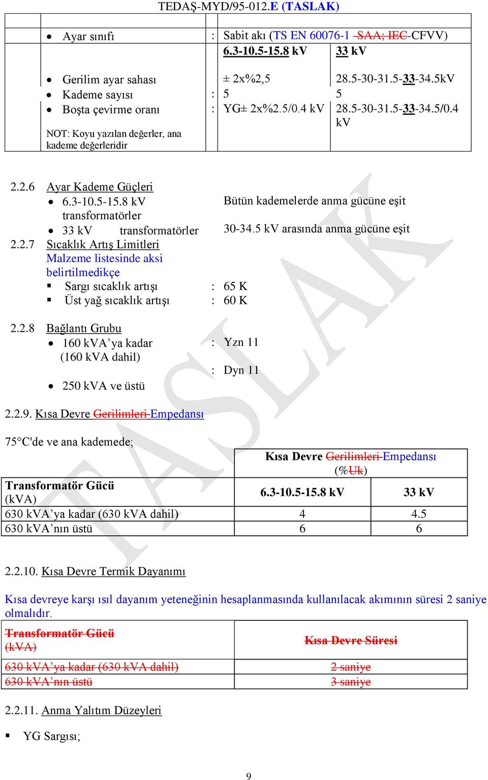 2.8 Bağlantı Grubu 160 kva ya kadar (160 kva dahil) 250 kva ve üstü 2.2.9. Kısa Devre Gerilimleri Empedansı : : : : Bütün kademelerde anma gücüne eşit 30-34.