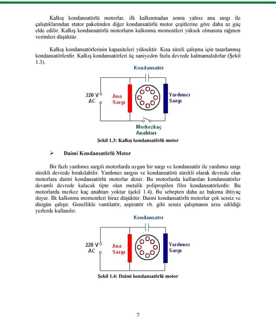 KalkıĢ kondansatörleri üç saniyeden fazla devrede kalmamalıdırlar (ġekil 1.3). Daimi Kondansatörlü Motor ġekil 1.