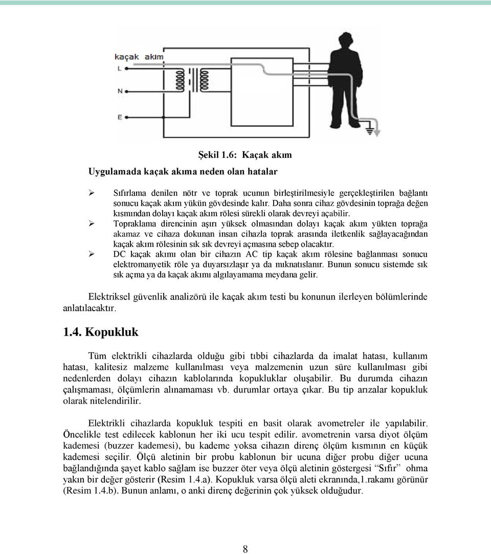 Topraklama direncinin aşırı yüksek olmasından dolayı kaçak akım yükten toprağa akamaz ve cihaza dokunan insan cihazla toprak arasında iletkenlik sağlayacağından kaçak akım rölesinin sık sık devreyi