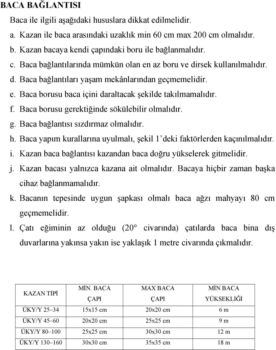 h. Baca yapım kurallarına uyulmalı, şekil 1 deki faktörlerden kaçınılmalıdır. i. Kazan baca bağlantısı kazandan baca doğru yükselerek gitmelidir. j. Kazan bacası yalnızca kazana ait olmalıdır.