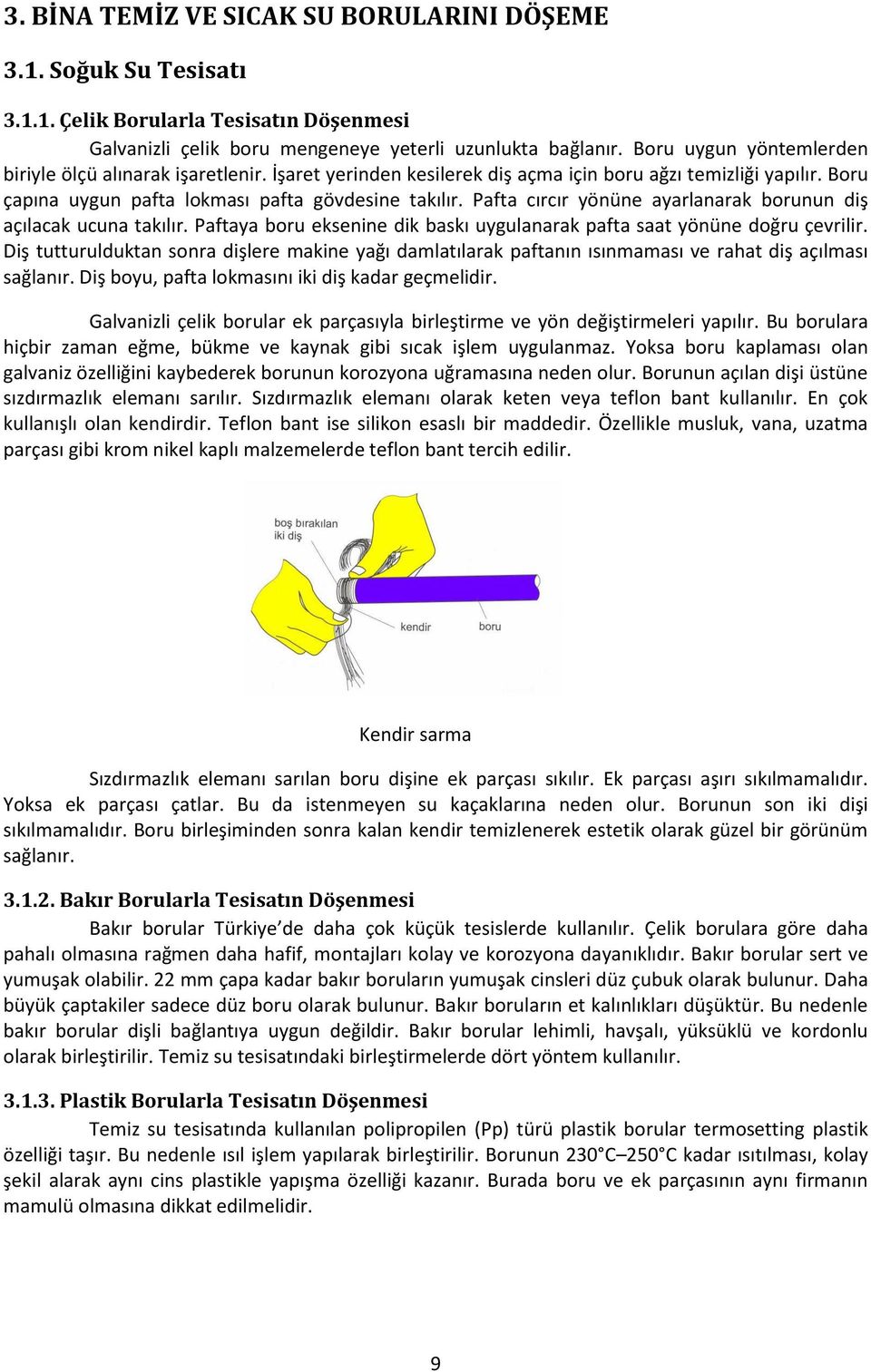 Pafta cırcır yönüne ayarlanarak borunun diş açılacak ucuna takılır. Paftaya boru eksenine dik baskı uygulanarak pafta saat yönüne doğru çevrilir.