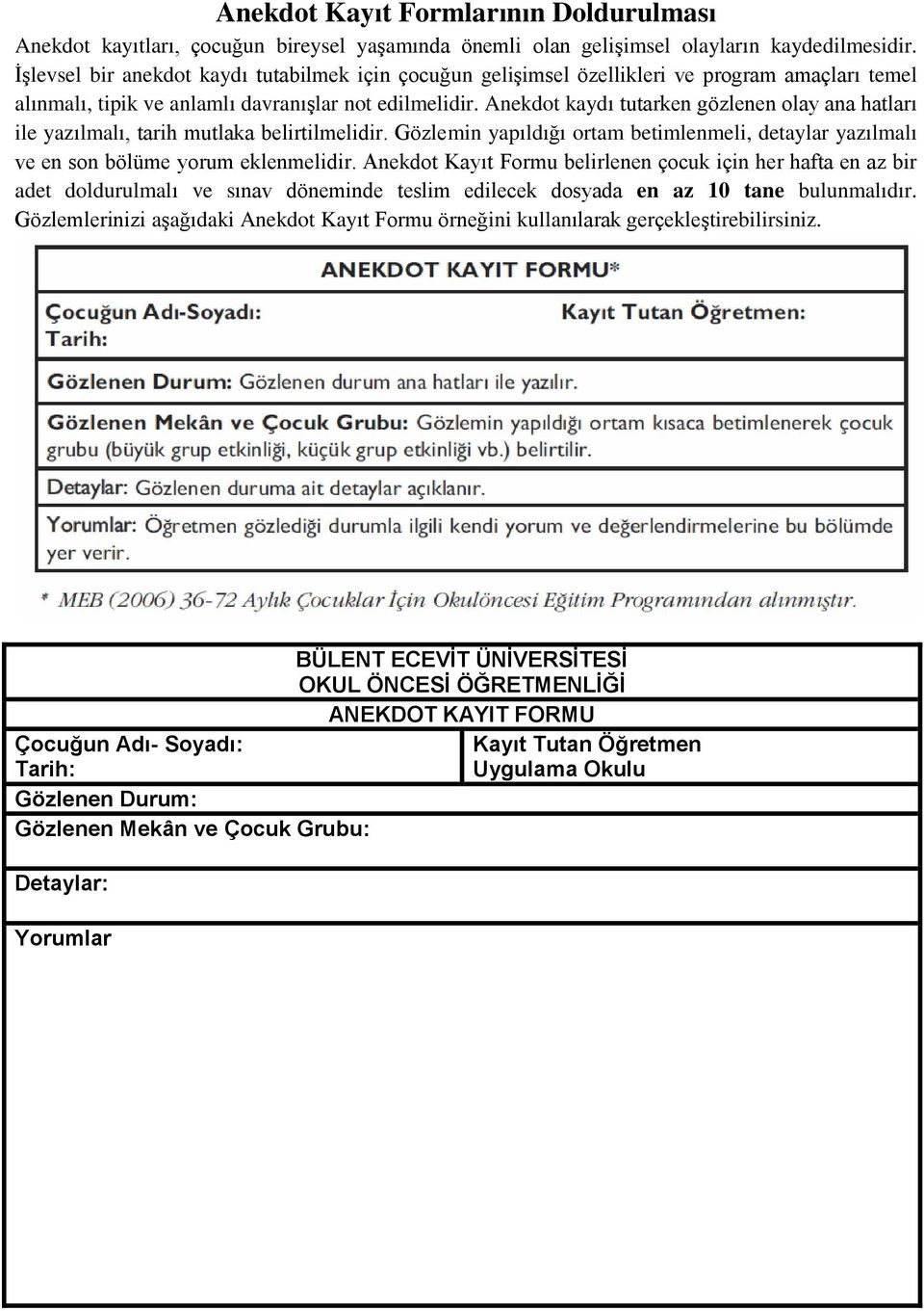 Anekdot kaydı tutarken gözlenen olay ana hatları ile yazılmalı, tarih mutlaka belirtilmelidir. Gözlemin yapıldığı ortam betimlenmeli, detaylar yazılmalı ve en son bölüme yorum eklenmelidir.