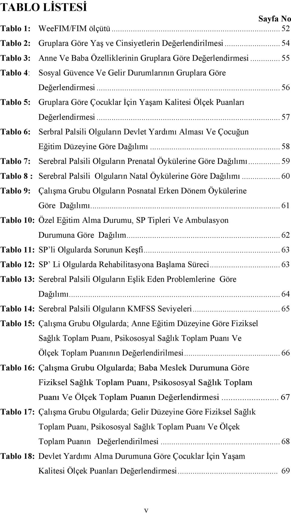 .. 57 Tablo 6: Serbral Palsili Olguların Devlet Yardımı Alması Ve Çocuğun Eğitim Düzeyine Göre Dağılımı... 58 Tablo 7: Serebral Palsili Olguların Prenatal Öykülerine Göre Dağılımı.