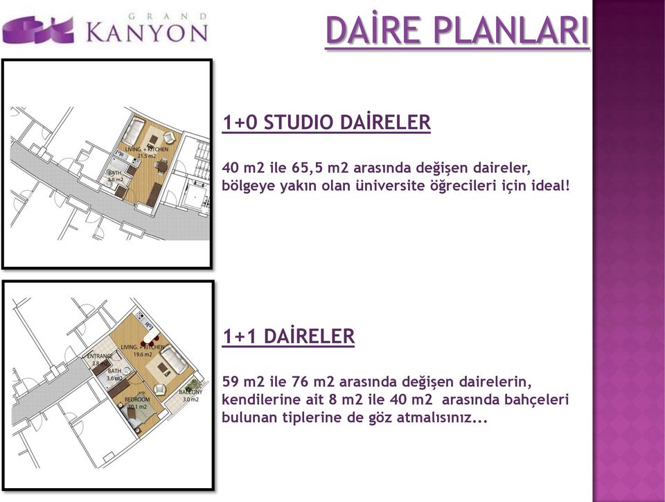 1+1 DAİRELER 59 m2 ile 76 m2 arasında değişen dairelerin, kendilerine