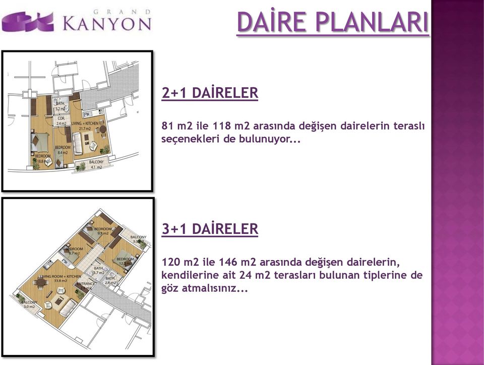 .. 3+1 DAİRELER 120 m2 ile 146 m2 arasında değişen