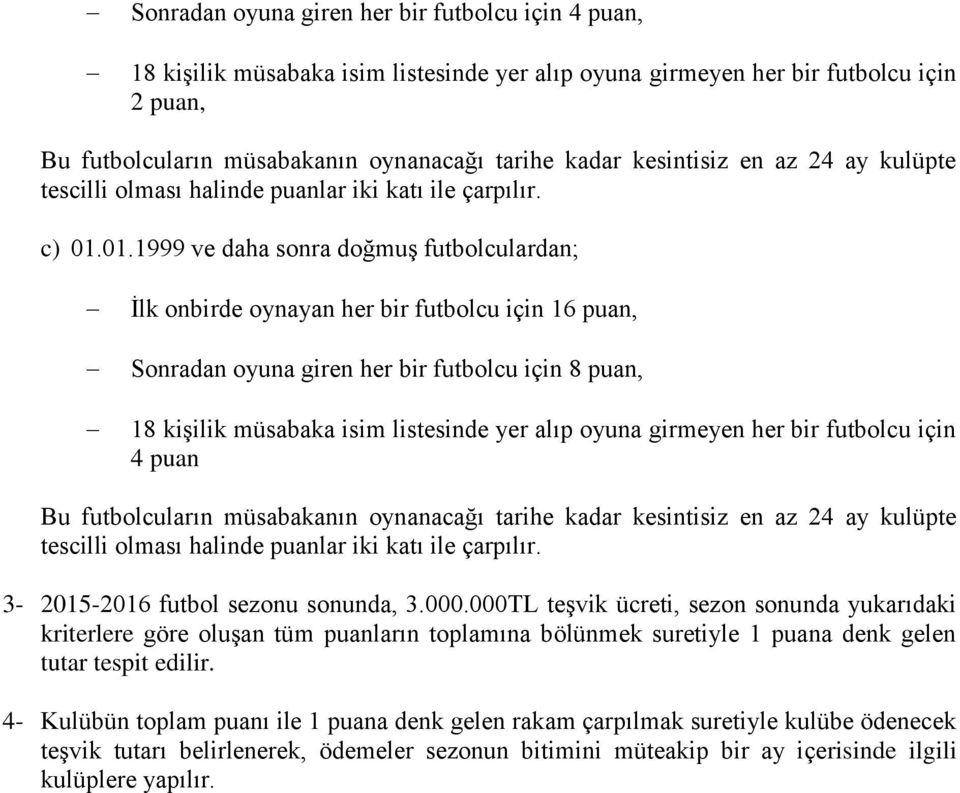 01.1999 ve daha sonra doğmuş futbolculardan; İlk onbirde oynayan her bir futbolcu için 16 puan, Sonradan oyuna giren her bir futbolcu için 8 puan, 18 kişilik müsabaka isim listesinde yer alıp oyuna