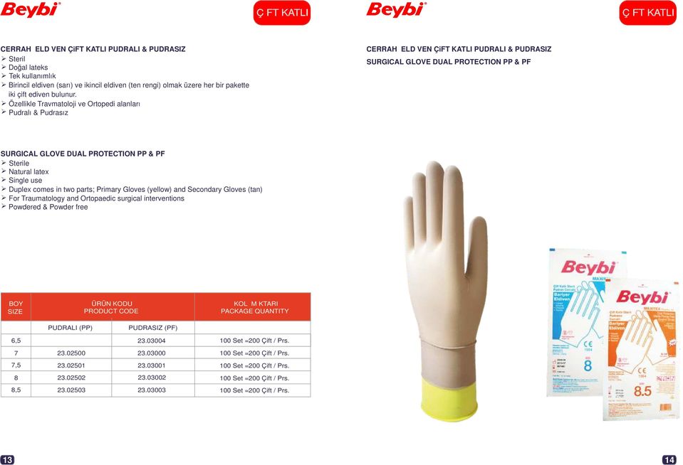 Özellikle Travmatoloji ve Ortopedi alanları Pudralı & Pudrasız CERRAHİ ELDİVEN ÇiFT KATLI PUDRALI & PUDRASIZ SURGICAL GLOVE DUAL PROTECTION PP & PF SURGICAL GLOVE DUAL PROTECTION PP & PF Sterile