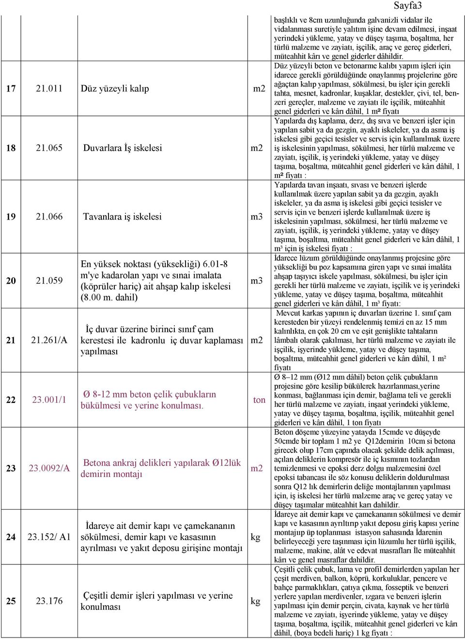 dahil) İç duvar üzerine birinci sınıf çam kerestesi ile kadronlu iç duvar kaplaması yapılması Ø 8-12 mm beton çelik çubukların bükülmesi ve yerine konulması.