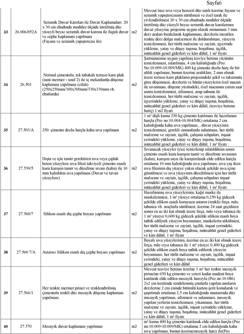yapıştırıcısı ile) Normal çimentolu, tek tabakalı terrazo karo plak (suni mermer - sınıf 2) ile iç mekanlarda döşeme kaplaması yapılması (cilalı) (250x250mm/300x300mm/330x330mm vb. ebatlarda) 35 27.