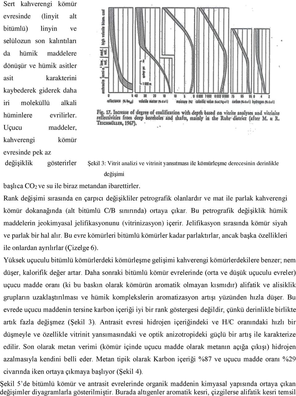 maddeler, kömür değişiklik gösterirler Şekil 3: Vitrit analizi ve vitrinit yansıtması ile kömürleşme derecesinin derinlikle değişimi başlıca CO2 ve su ile biraz metandan ibarettirler.