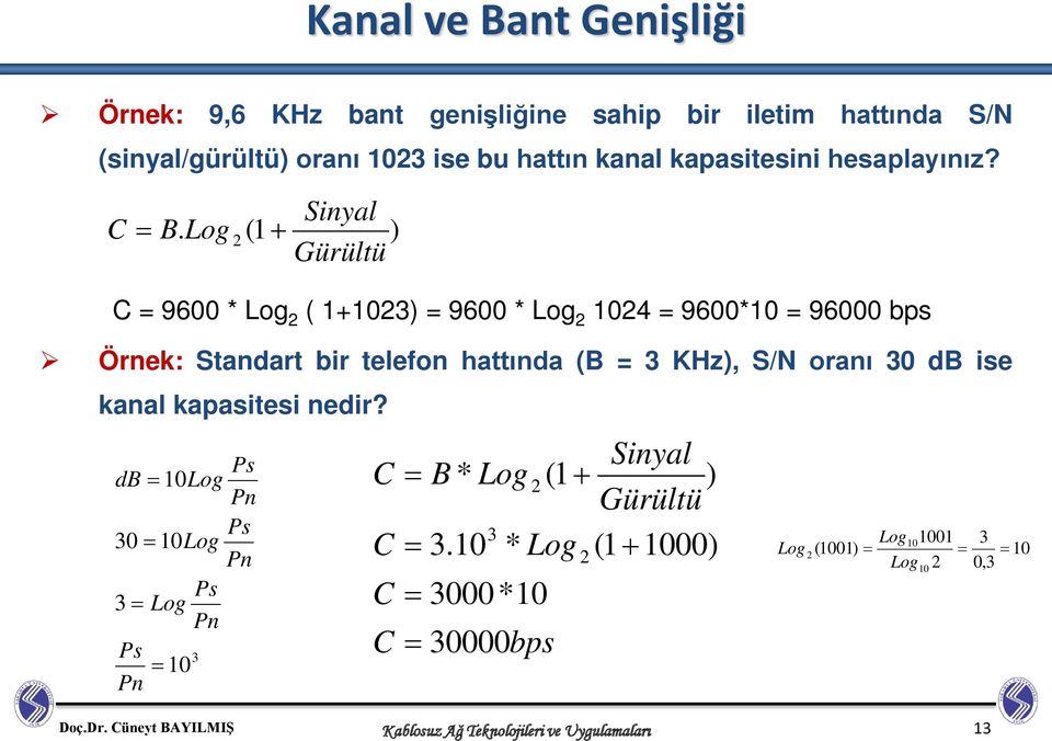 Log (1 2 + Sinyal Gürültü ) C = 9600 * Log 2 ( 1+1023) = 9600 * Log 2 1024 = 9600*10 = 96000 bps Örnek: Standart bir telefon hattında (B =