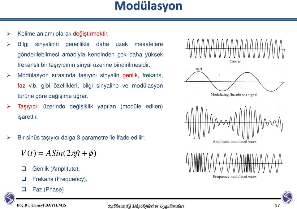 üzerine bindirilmesidir. Modülasyon sırasında taşıyıcı sinyalin genlik, frekans, faz v.b. gibi özellikleri, bilgi sinyaline ve modülasyon türüne göre değişime uğrar.