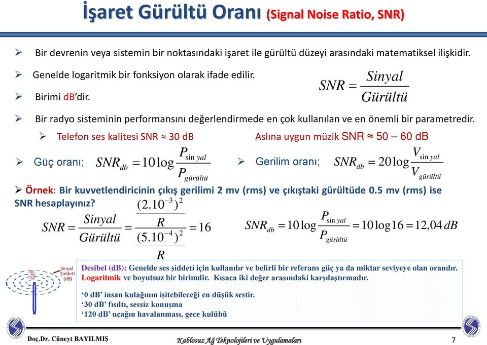 Telefon ses kalitesi SNR 30 db Aslına uygun müzik SNR 50 60 db Güç oranı; SNR db =10log P P sin yal gürültü Gerilim oranı; SNR db V = 20log V sin yal gürültü Örnek: Bir kuvvetlendiricinin çıkış