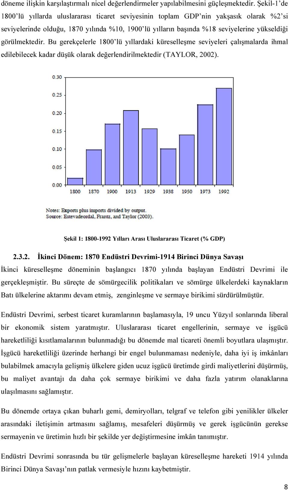 görülmektedir. Bu gerekçelerle 1800 lü yıllardaki küreselleşme seviyeleri çalışmalarda ihmal edilebilecek kadar düşük olarak değerlendirilmektedir (TAYLOR, 2002).