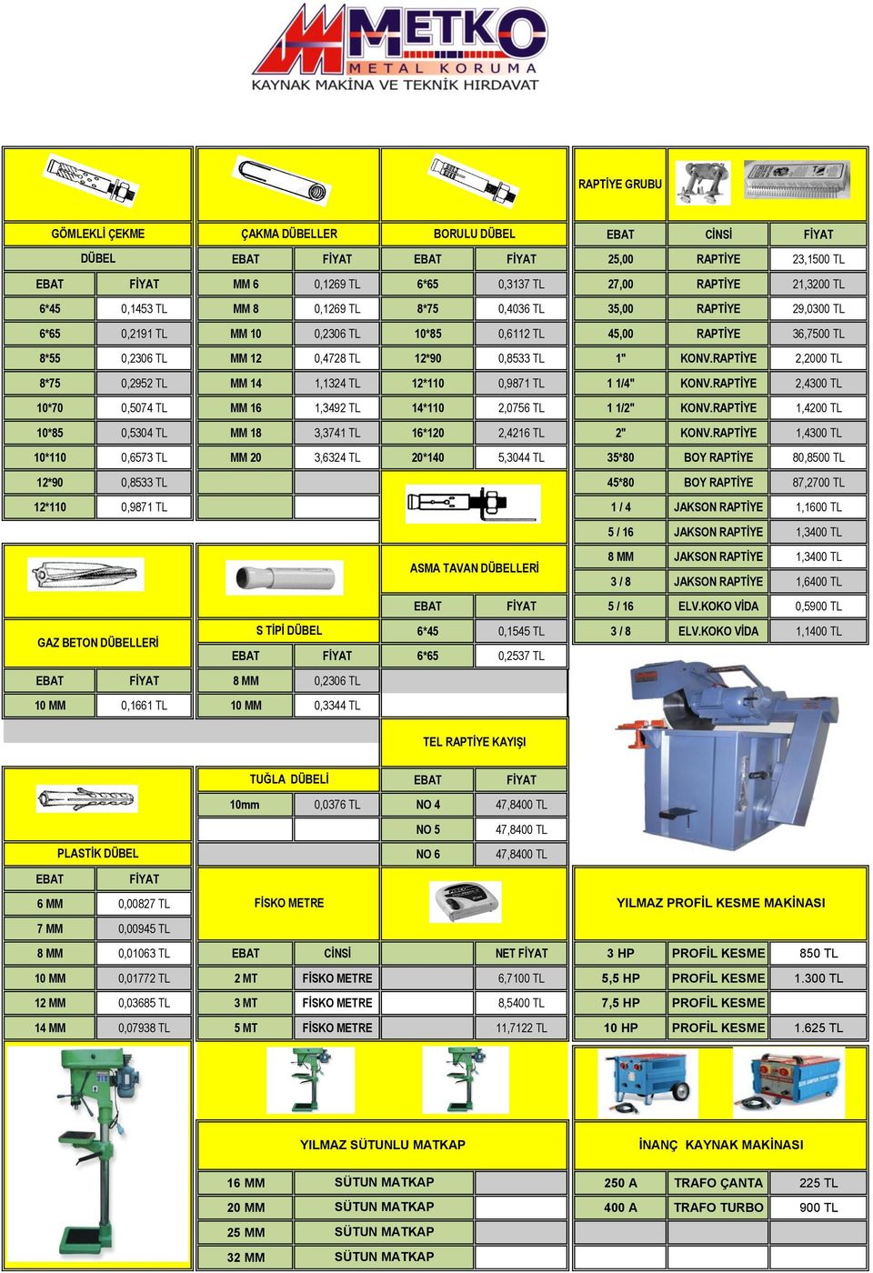 RAPTİYE 2,2000 TL 8*75 0,2952 TL MM 14 1,1324 TL 12*110 0,9871 TL 1 1/4" KONV.RAPTİYE 2,4300 TL 10*70 0,5074 TL MM 16 1,3492 TL 14*110 2,0756 TL 1 1/2" KONV.