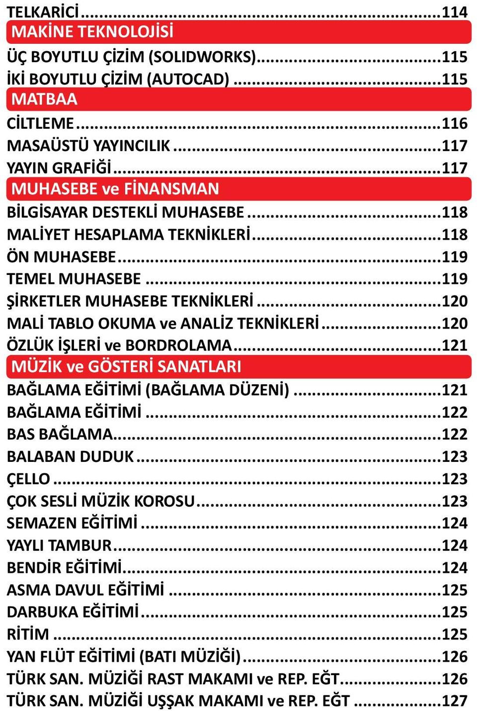 ..120 MALİ TABLO OKUMA ve ANALİZ TEKNİKLERİ...120 ÖZLÜK İŞLERİ ve BORDROLAMA...121 MÜZİK ve ve GÖSTERİ SANATLARI...121 BAĞLAMA EĞİTİMİ (BAĞLAMA DÜZENİ)...121 BAĞLAMA EĞİTİMİ...122 BAS BAĞLAMA.