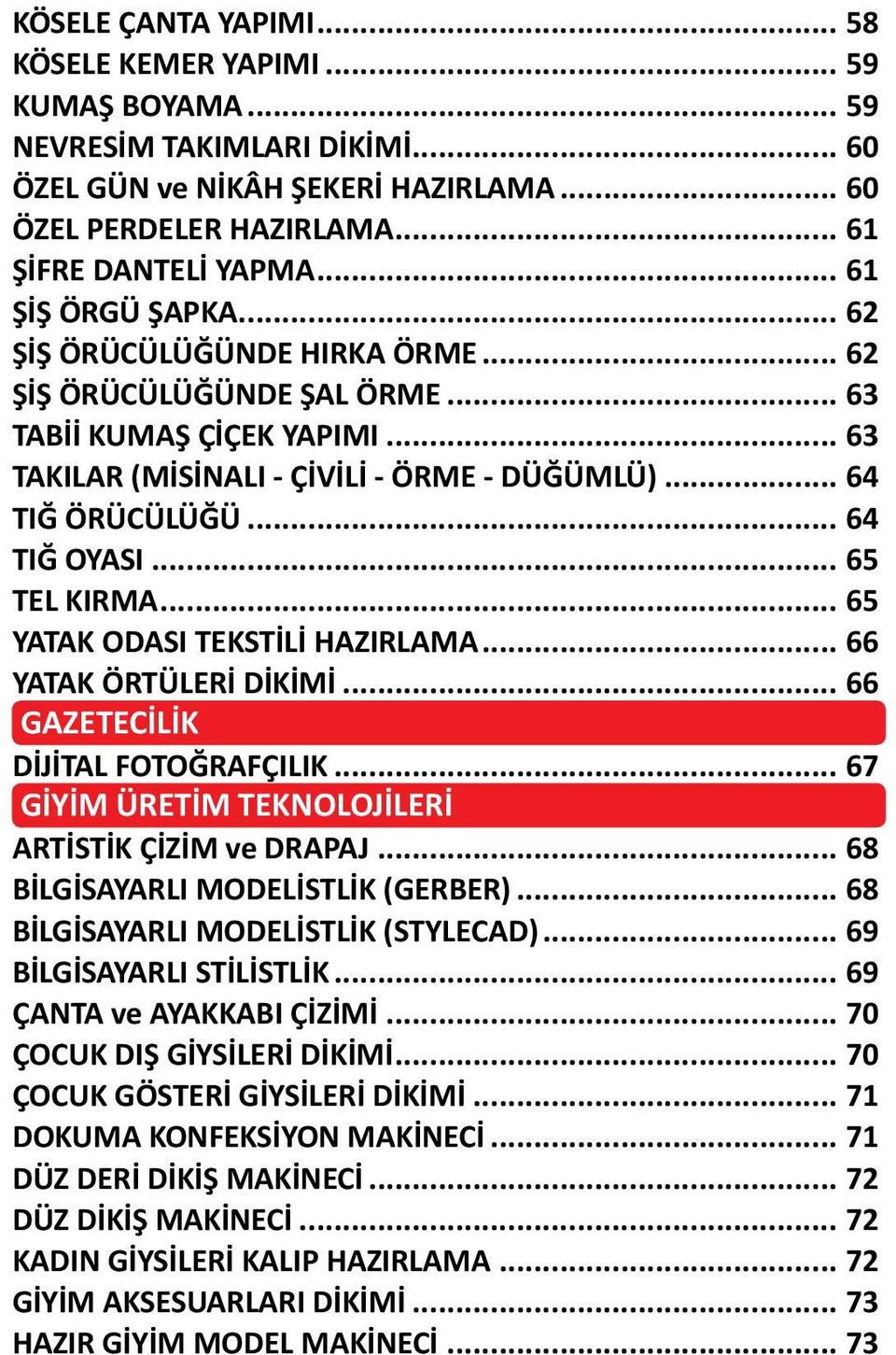 .. 64 TIĞ OYASI... 65 TEL KIRMA... 65 YATAK ODASI TEKSTİLİ HAZIRLAMA... 66 YATAK ÖRTÜLERİ DİKİMİ... 66 GAZETECİLİK... 67 DİJİTAL FOTOĞRAFÇILIK... 67 GİYİM ÜRETİM TEKNOLOJİLERİ.