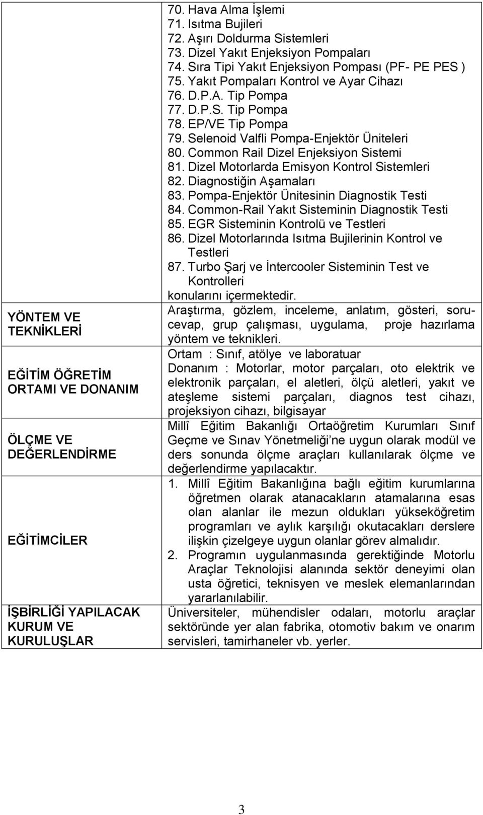 EP/VE Tip Pompa 79. Selenoid Valfli Pompa-Enjektör Üniteleri 80. Common Rail Dizel Enjeksiyon Sistemi 81. Dizel Motorlarda Emisyon Kontrol Sistemleri 82. Diagnostiğin Aşamaları 83.