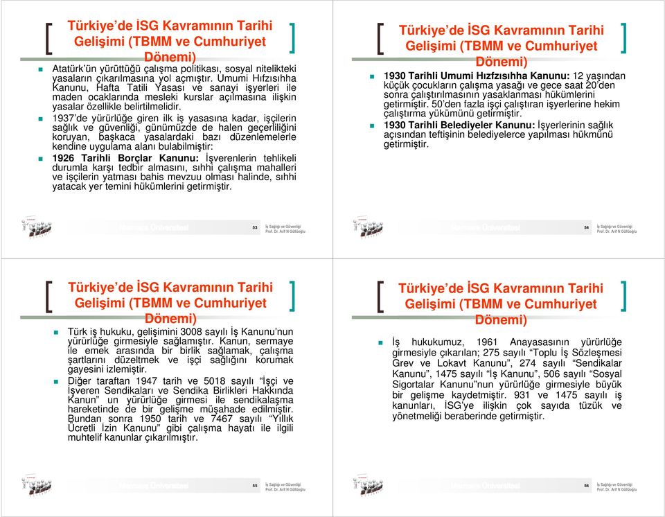 1937 de yürürlüğe giren ilk iş yasasına kadar, işçilerin sağlık ve güvenliği, günümüzde de halen geçerliliğini koruyan, başkaca yasalardaki bazı düzenlemelerle kendine uygulama alanı bulabilmiştir: