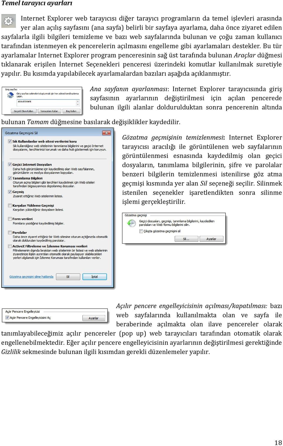 Bu tür ayarlamalar Internet Explorer program penceresinin sağ üst tarafında bulunan Araçlar düğmesi tıklanarak erişilen İnternet Seçenekleri penceresi üzerindeki komutlar kullanılmak suretiyle