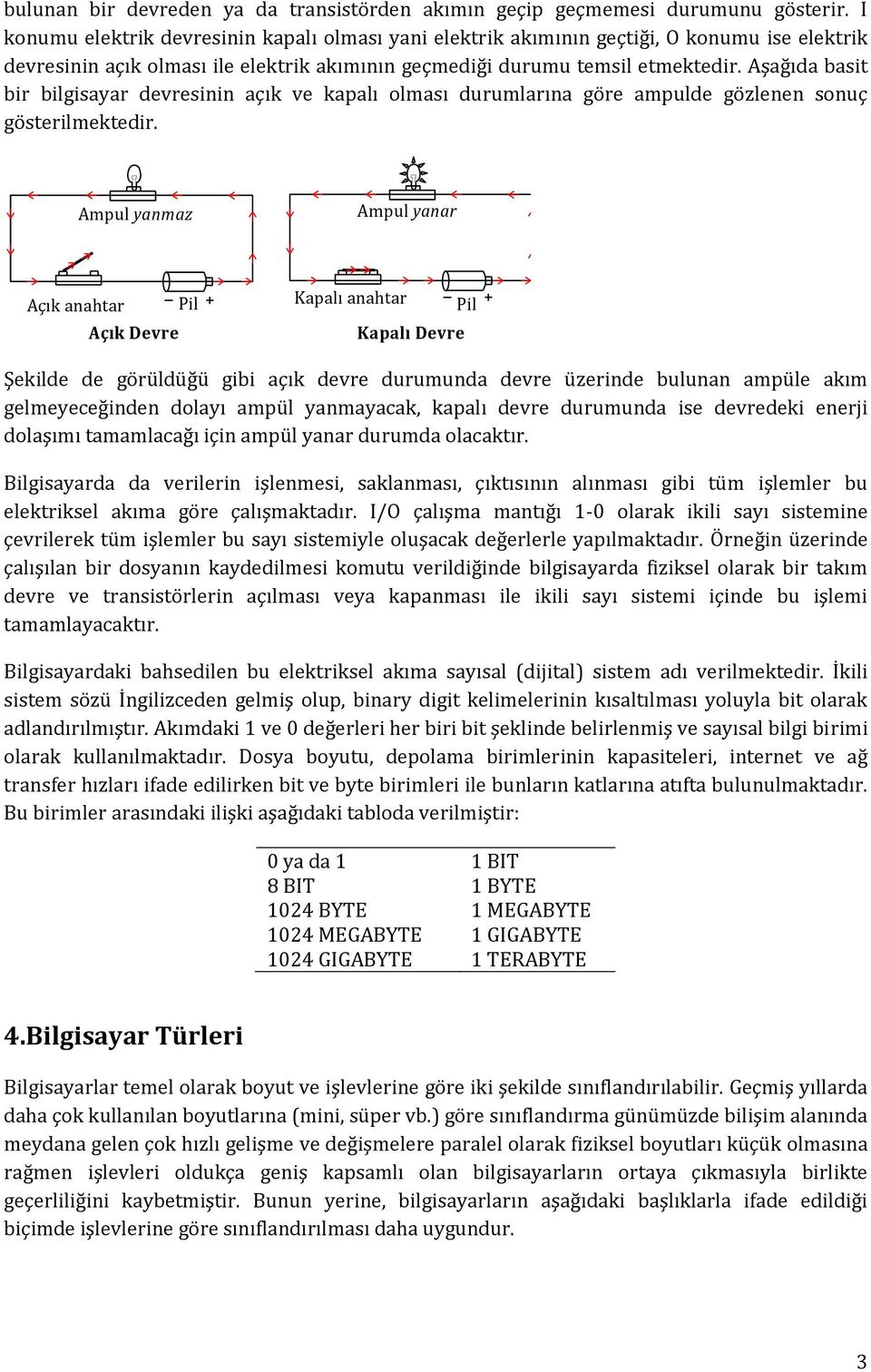 Aşağıda basit bir bilgisayar devresinin açık ve kapalı olması durumlarına göre ampulde gözlenen sonuç gösterilmektedir.