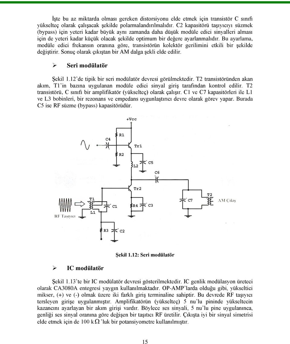 Bu ayarlama, modüle edici frekansın oranına göre, transistörün kolektör gerilimini etkili bir Ģekilde değiģtirir. Sonuç olarak çıkıģtan bir AM dalga Ģekli elde edilir. Seri modülatör ġekil 1.