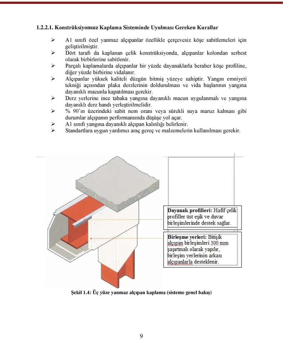 Parçalı kaplamalarda alçıpanlar bir yüzde dayanaklarla beraber köģe profiline, diğer yüzde birbirine vidalanır. Alçıpanlar yüksek kaliteli düzgün bitmiģ yüzeye sahiptir.