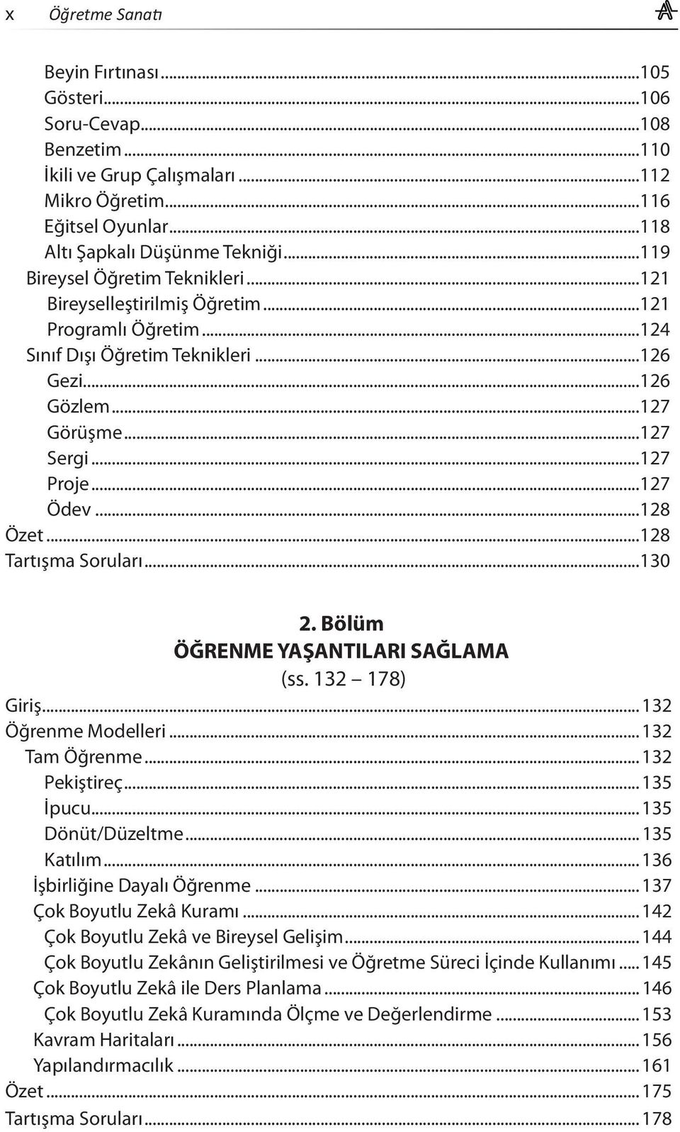 ..128 Özet...128 Tartışma Soruları...130 2. Bölüm ÖĞRENME YAŞANTILARI SAĞLAMA (ss. 132 178) Giriş... 132 Öğrenme Modelleri... 132 Tam Öğrenme... 132 Pekiştireç... 135 İpucu... 135 Dönüt/Düzeltme.