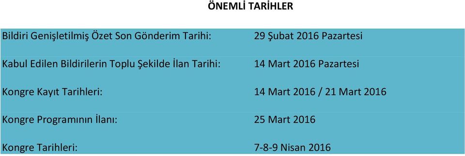 14 Mart 2016 Pazartesi Kongre Kayıt Tarihleri: 14 Mart 2016 / 21 Mart