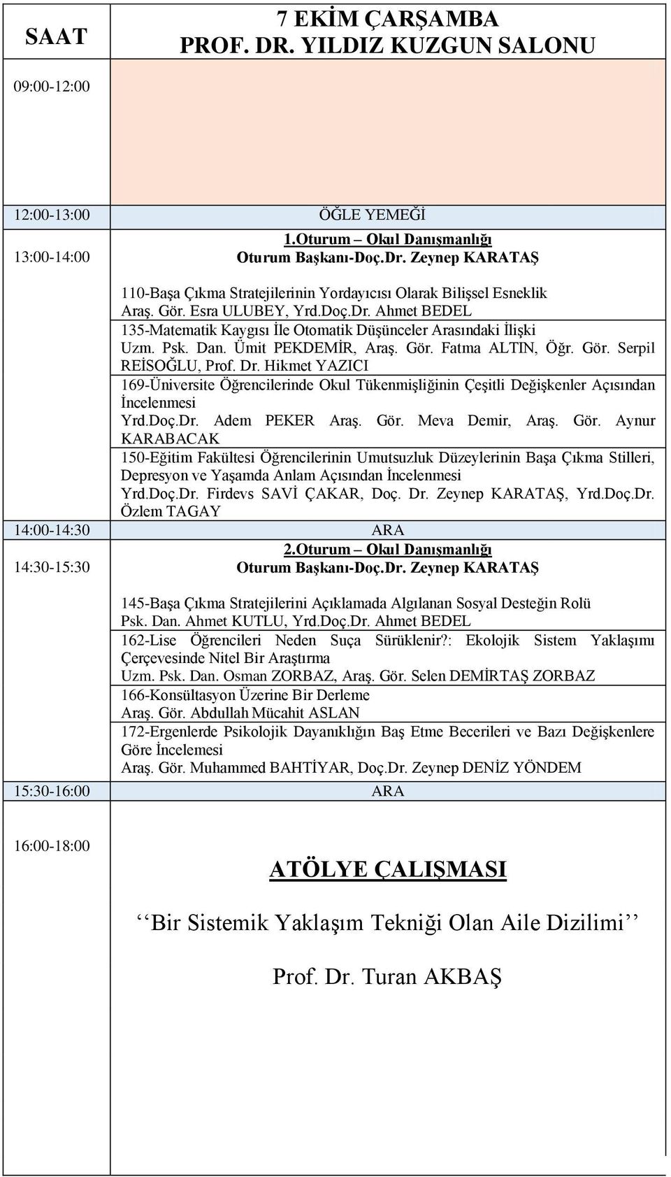 Psk. Dan. Ümit PEKDEMİR, Araş. Gör. Fatma ALTIN, Öğr. Gör. Serpil REİSOĞLU, Prof. Dr. Hikmet YAZICI 169-Üniversite Öğrencilerinde Okul Tükenmişliğinin Çeşitli Değişkenler Açısından İncelenmesi Yrd.