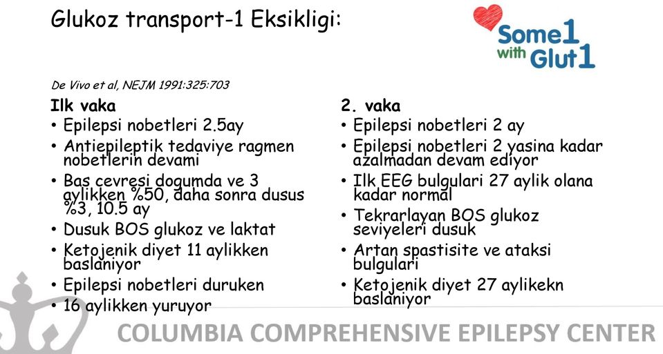 5 ay Dusuk BOS glukoz ve laktat Ketojenik diyet 11 aylikken baslaniyor Epilepsi nobetleri duruken 16 aylikken yuruyor 2.