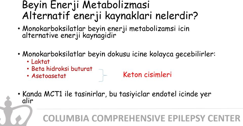 Monokarboksilatlar beyin dokusu icine kolayca gecebilirler: Laktat Beta hidroksi