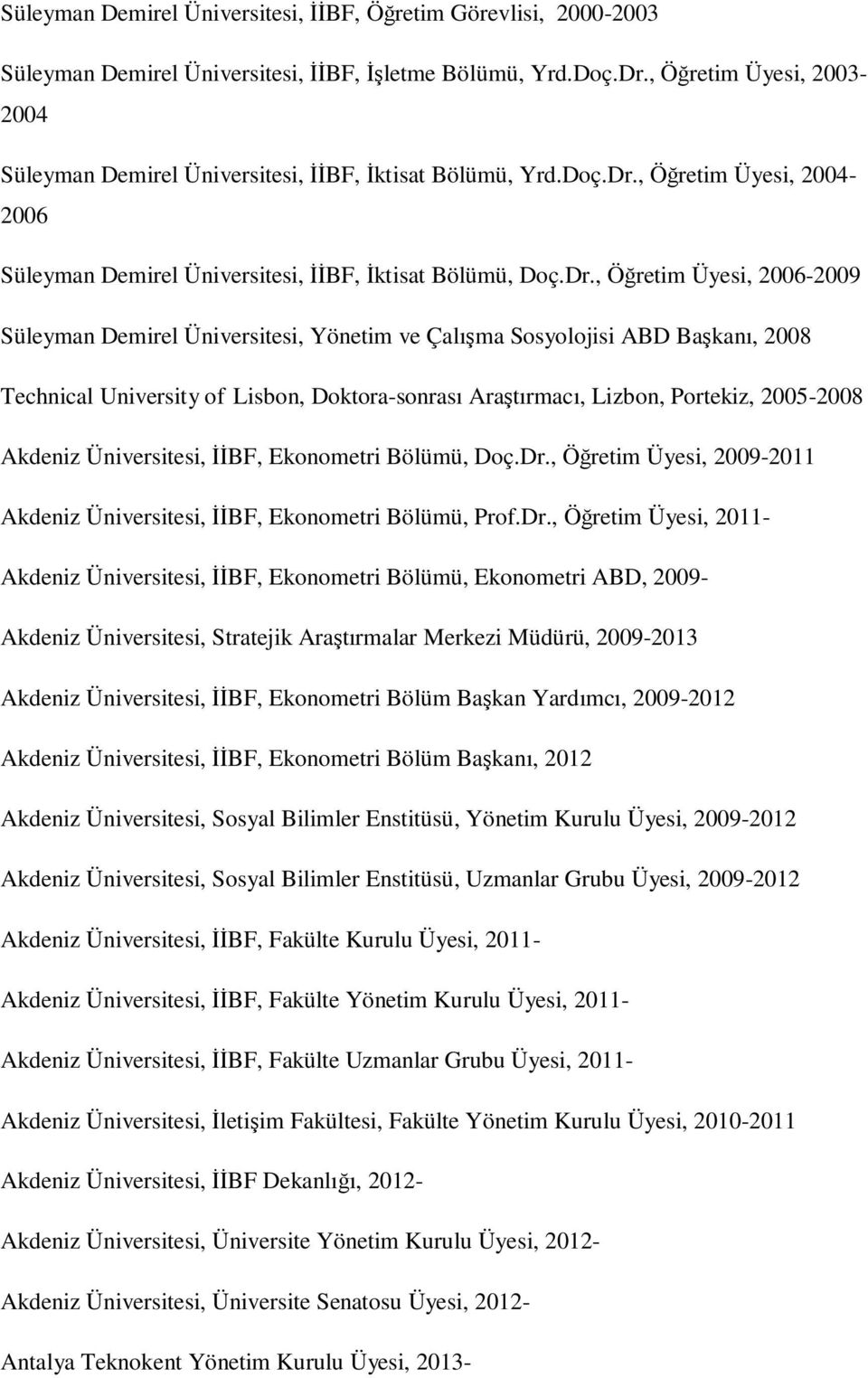 , Öğretim Üyesi, 2004-2006 Süleyman Demirel Üniversitesi, ĐĐBF, Đktisat Bölümü, Doç.Dr.