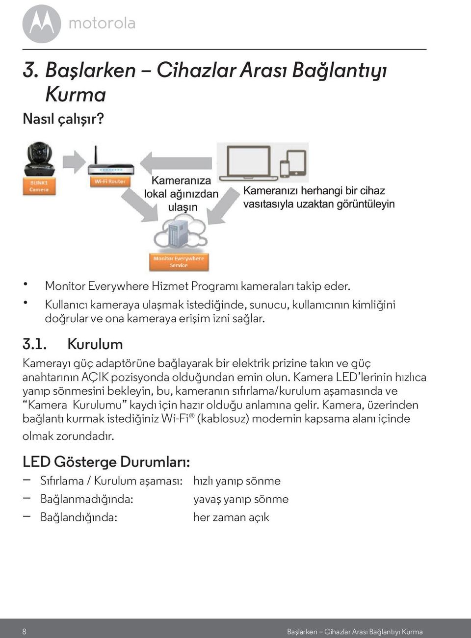 Kurulum Kamerayı güç adaptörüne bağlayarak bir elektrik prizine takın ve güç anahtarının AÇIK pozisyonda olduğundan emin olun.