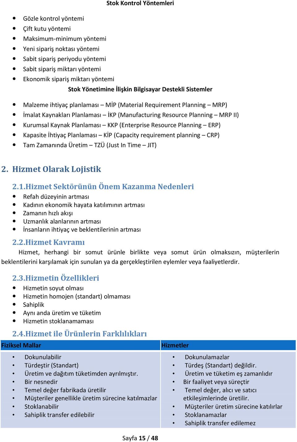 Planning MRP II) Kurumsal Kaynak Planlaması KKP (Enterprise Resource Planning ERP) Kapasite İhtiyaç Planlaması KİP (Capacity requirement planning CRP) Tam Zamanında Üretim TZÜ (Just In Time JIT) 2.