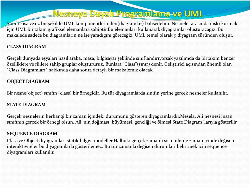 CLASS DIAGRAM Gerçek dünyada eşyaları nasıl araba, masa, bilgisayar şeklinde sınıflandırıyorsak yazılımda da birtakım benzer özelliklere ve fiillere sahip gruplar oluştururuz.