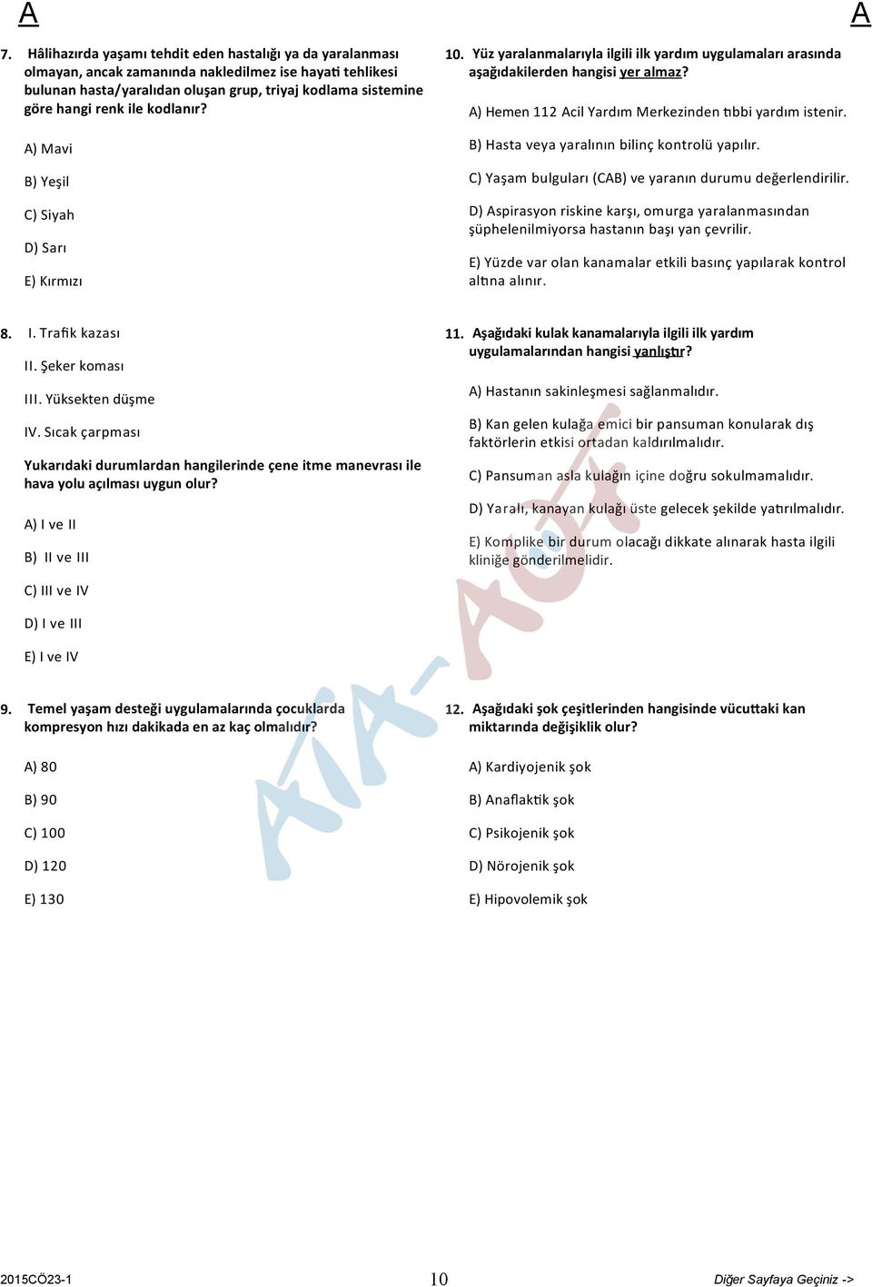 ) Hemen 112 cil Yardım Merkezinden bbi yardım istenir. B) Hasta veya yaralının bilinç kontrolü yapılır. C) Yaşam bulguları (CB) ve yaranın durumu değerlendirilir.