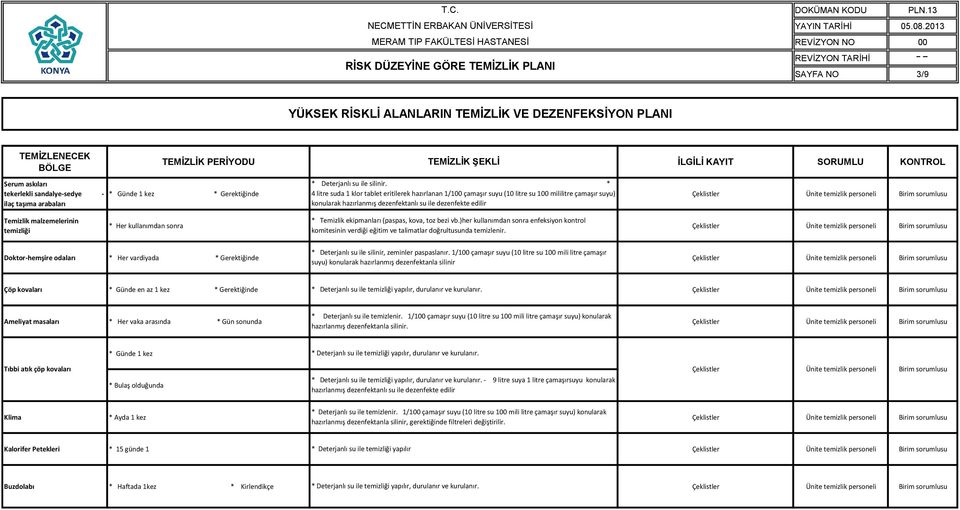 (paspas, kova, toz bezi vb.)her kullanımdan sonra enfeksiyon kontrol * Her kullanımdan sonra komitesinin verdiği eğitim ve talimatlar doğrultusunda temizlenir.