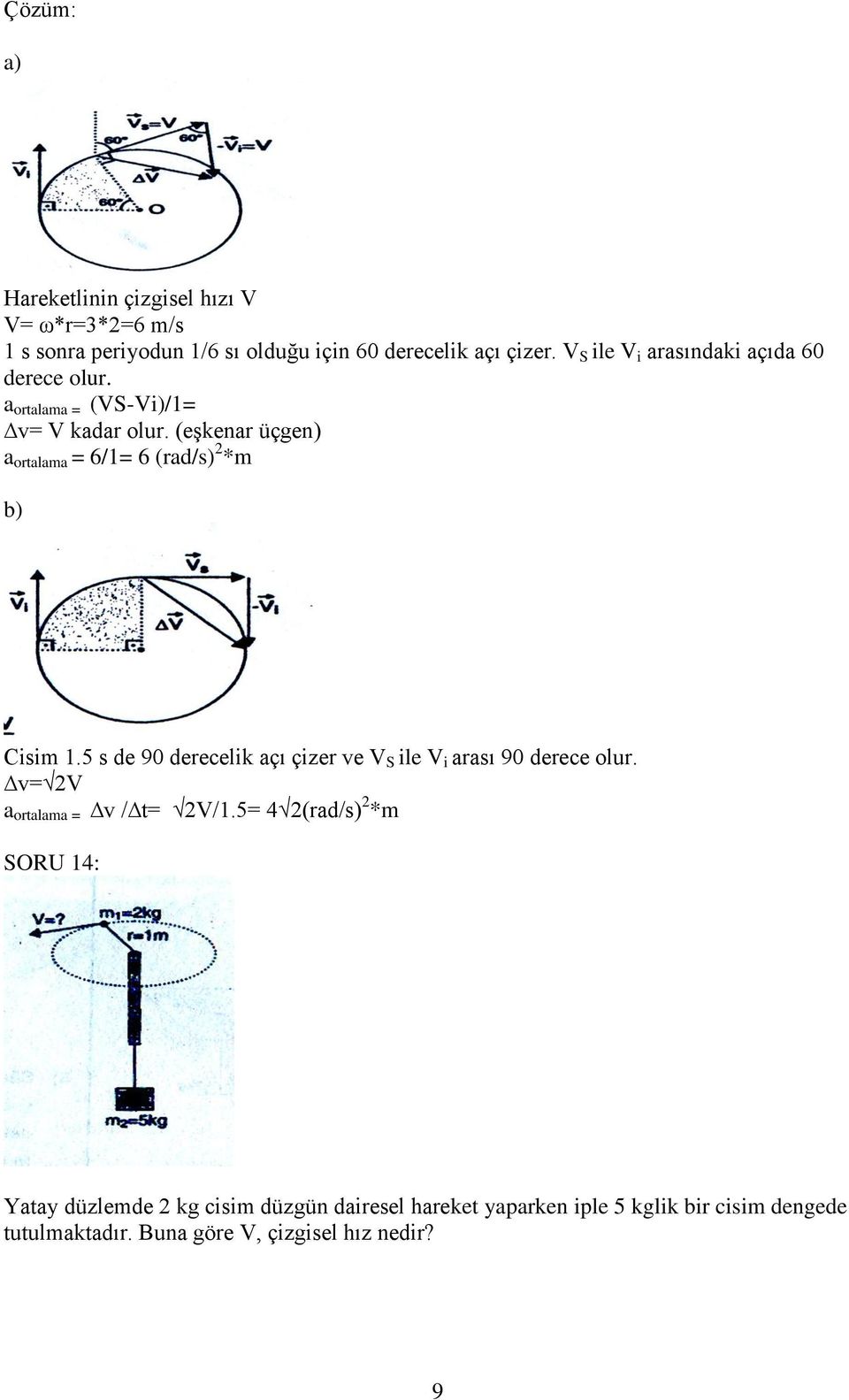 (eşkenar üçgen) a ortalama = 6/1= 6 (rad/s) 2 *m b) Cisim 1.5 s de 90 derecelik açı çizer ve V S ile V i arası 90 derece olur.