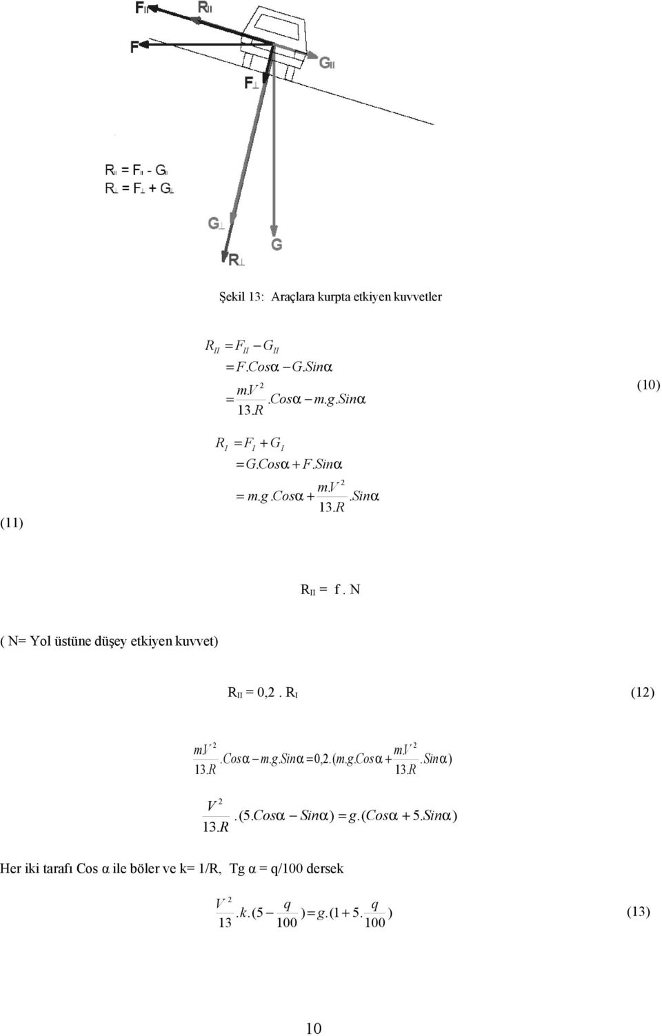 N ( N= Yol üstüne düşey etkiyen kuvvet) R II = 0,. R I (1) mv. mv.. Cosα m. g. Sinα = 0,.( m. g. Cosα +. Sinα) 13.