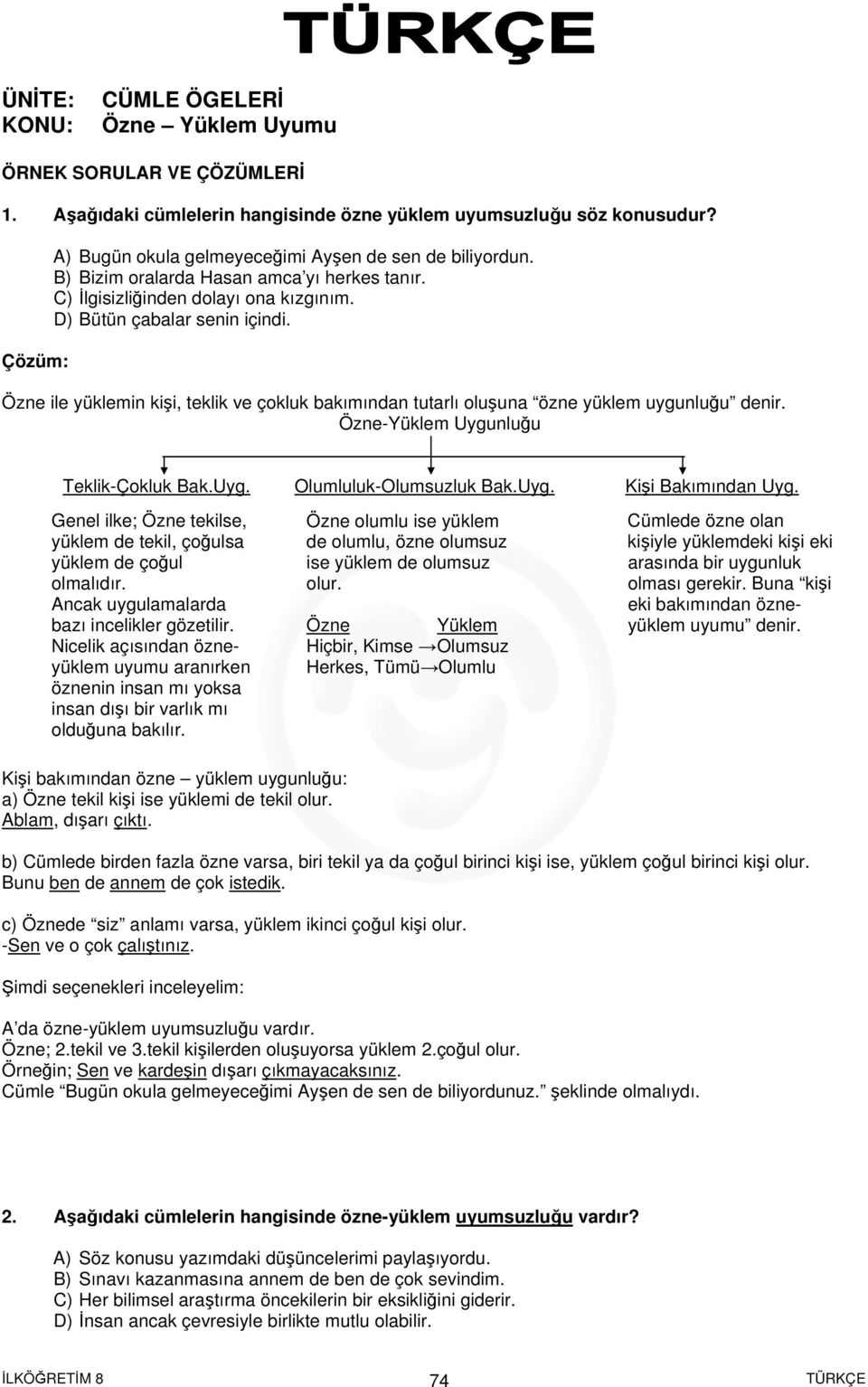 Özne- Uygunluğu Teklik-Çokluk Bak.Uyg. Olumluluk-Olumsuzluk Bak.Uyg. Kişi Bakımından Uyg. Genel ilke; Özne tekilse, de tekil, çoğulsa de çoğul olmalıdır. Ancak uygulamalarda bazı incelikler gözetilir.