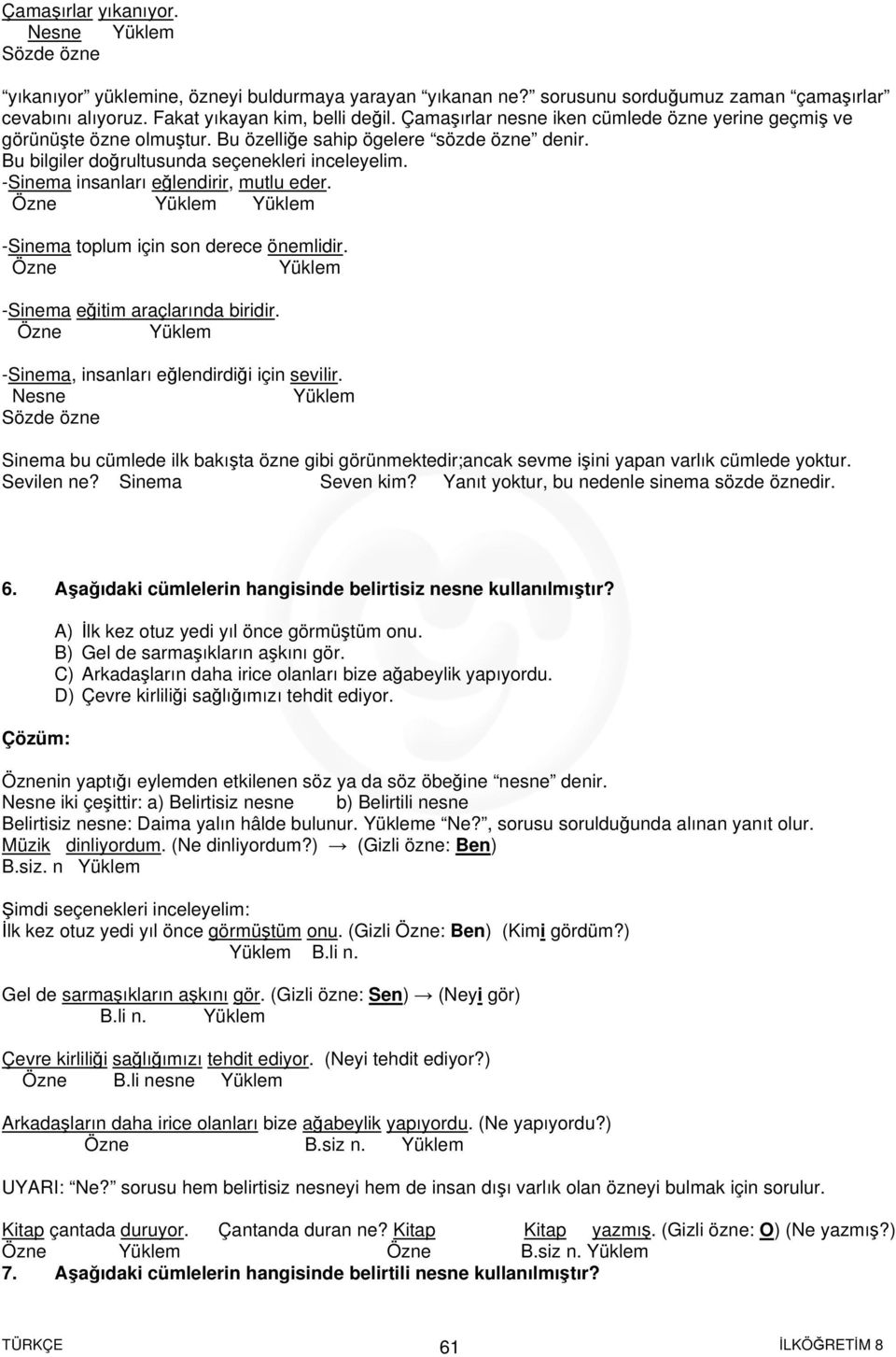 -Sinema insanları eğlendirir, mutlu eder. Özne -Sinema toplum için son derece önemlidir. Özne -Sinema eğitim araçlarında biridir. Özne -Sinema, insanları eğlendirdiği için sevilir.