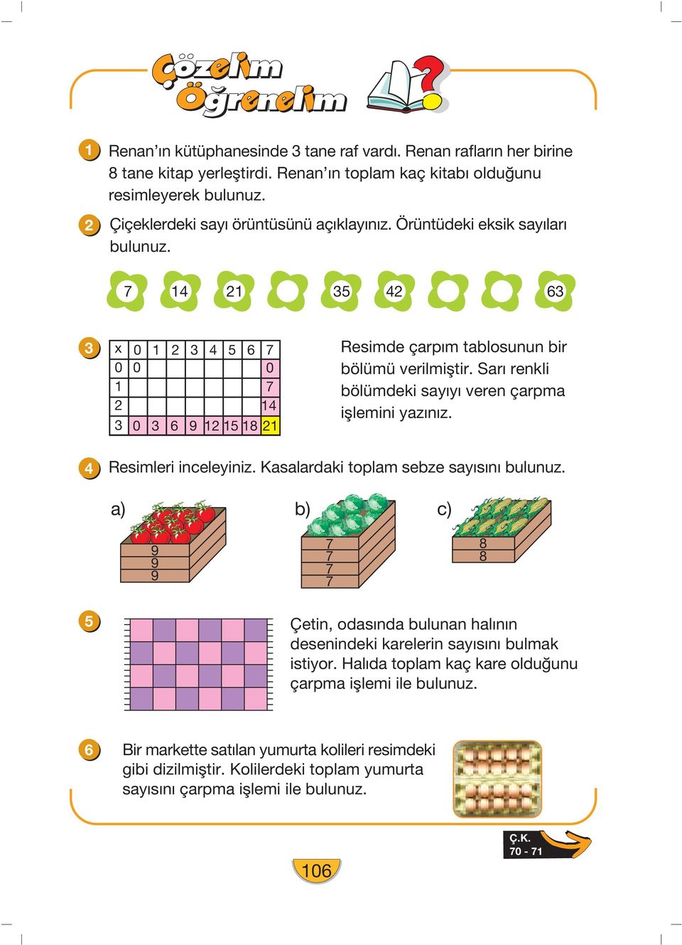 Sar renkli bölümdeki sayıyı veren çarpma ifllemini yaz n z. 4 Resimleri inceleyiniz. Kasalardaki toplam sebze say s n bulunuz.