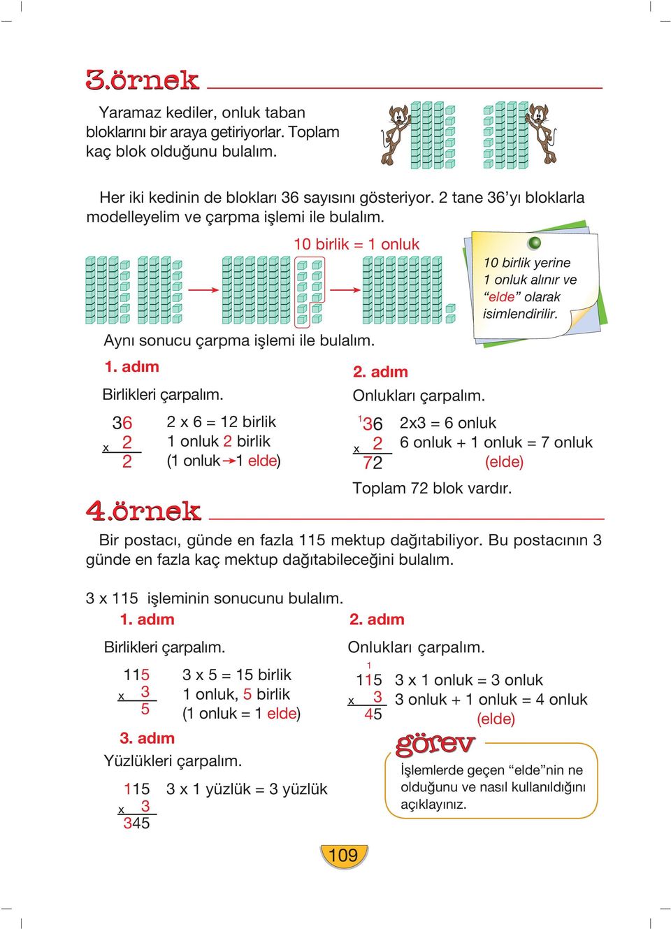 6 2 2 2 x 6 = 2 birlik onluk 2 birlik ( onluk elde) 0 birlik = onluk 2. ad m Onlukları çarpalım. 6 2 72 2x = 6 onluk 6 onluk + onluk = 7 onluk (elde) Toplam 72 blok vardır.