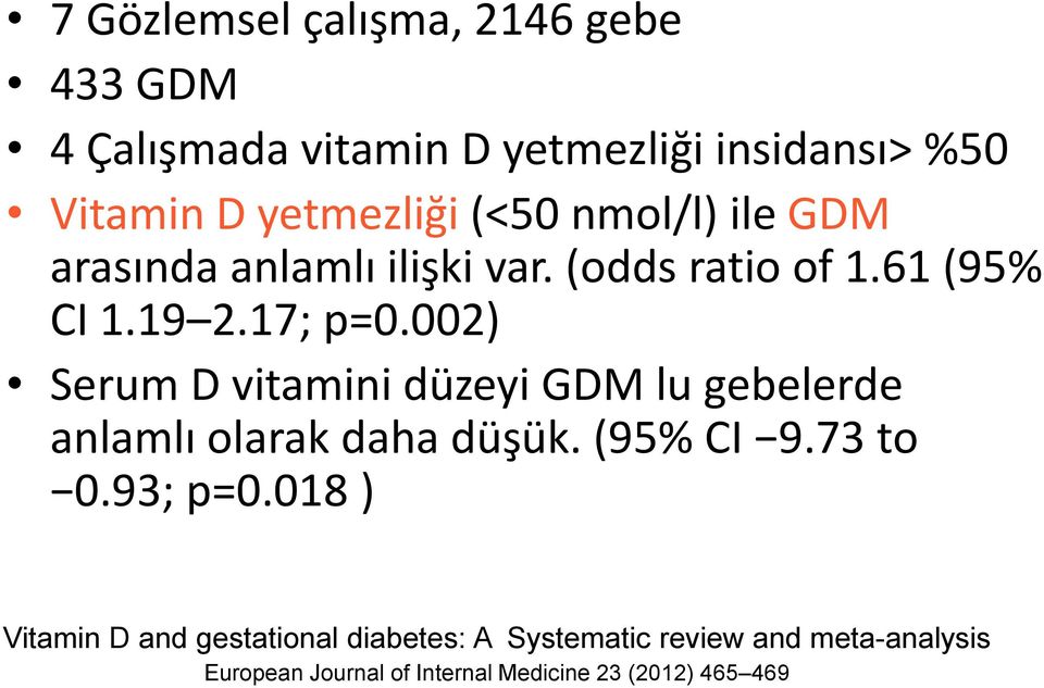 002) Serum D vitamini düzeyi GDM lu gebelerde anlamlı olarak daha düşük. (95% CI 9.73 to 0.93; p=0.