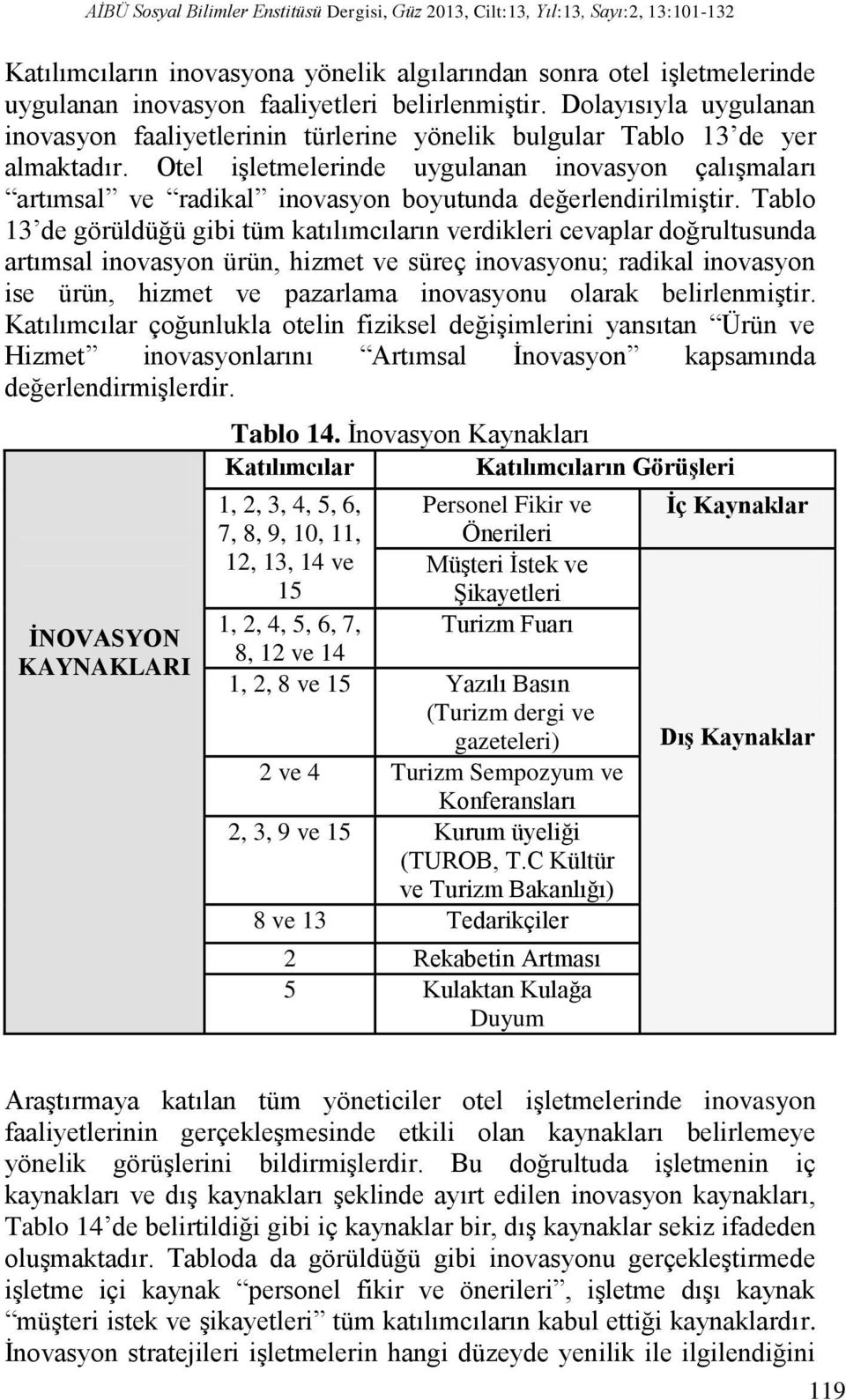 Otel işletmelerinde uygulanan inovasyon çalışmaları artımsal ve radikal inovasyon boyutunda değerlendirilmiştir.